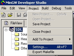 5)Now open up your SDL project and go to the project settings.