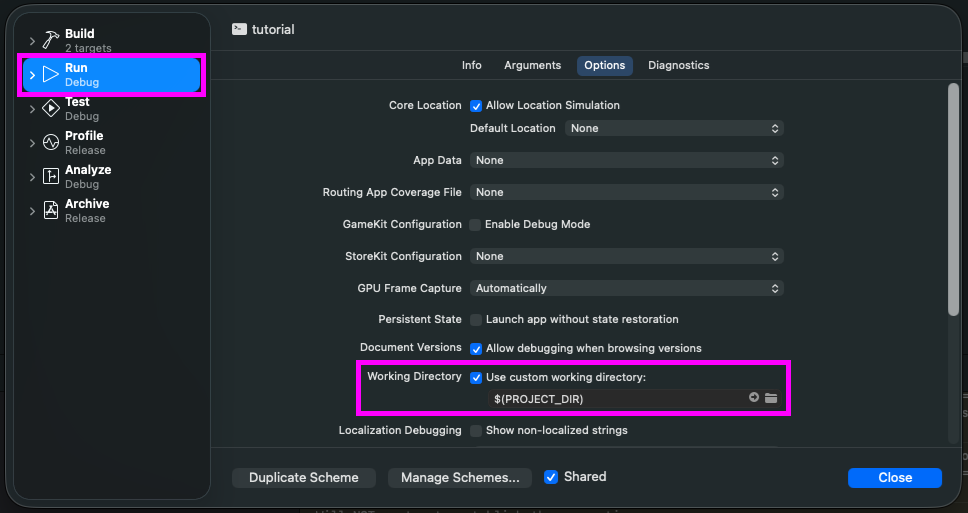 custom working directory